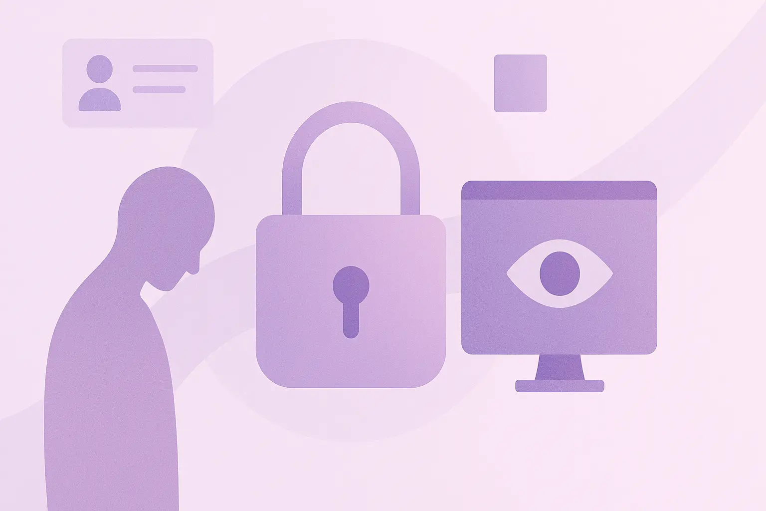 Minimalist illustration in soft purple tones showing a person silhouette, a padlock, a computer screen with an eye symbol, and an ID card. The image represents digital privacy, surveillance, and data protection.